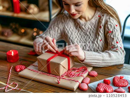 AI-generated content. Yuletide Gifting: Tying a Red Ribbon on a Cozy Christmas or S.Valentine's Day Present 110528453