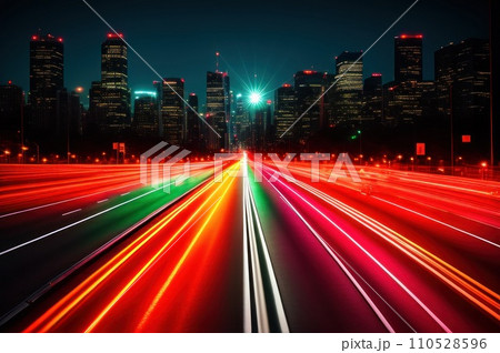 Street traffic in city at night. Office skyscraper buildings and busy traffic on highway road with blurred cars light trails. Multi-lane highway with lights trails and large night city downtown. AI 110528596