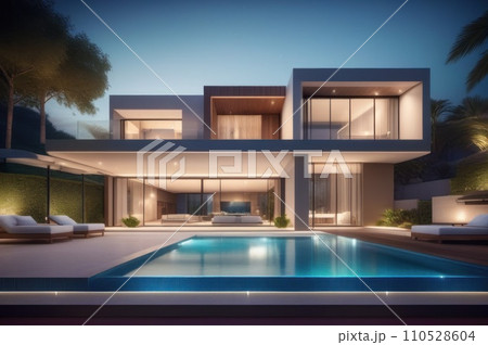 Modern luxury house with a swimming pool at night. Wealth and success concept. AI 110528604