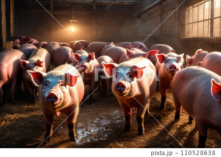 Lots of pigs in animal shed eating, standing and lying. Meat industry concept. Sows waiting to be fed up. AI Lots of pigs in animal shed eating, standing and lying. Meat industry concept. Sows waiting to be fed up. AI 110528638