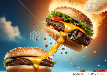 Maxi hamburger with flying ingredients placed on blue sky background. Conceptual jumping Burger. Delicious and attractive hamburger with refreshing ingredients. AI 110528677