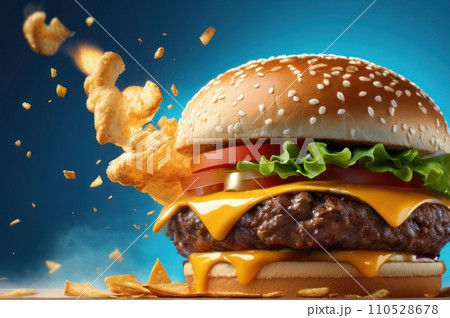 Maxi hamburger with flying ingredients placed on blue sky background. Conceptual jumping Burger. Delicious and attractive hamburger with refreshing ingredients. AI 110528678