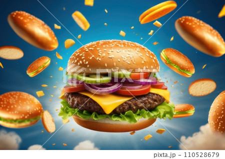 Maxi hamburger with flying ingredients placed on blue sky background. Conceptual jumping Burger. Delicious and attractive hamburger with refreshing ingredients. AI Maxi hamburger with flying ingredients placed on blue sky background. Conceptual jumping Burger. Delicious and attractive hamburger with refreshing ingredients. AI 110528679