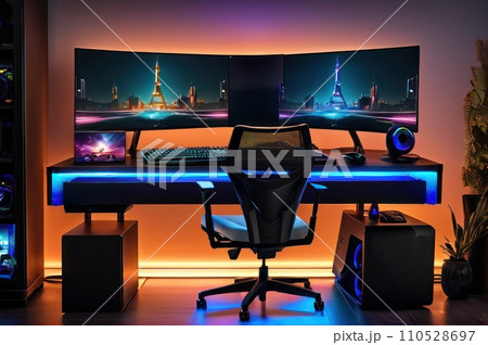 A multi monitor gaming setup with a high-performance gaming computer with RGB lighting, a gamer seated on an ergonomic chair and using a gaming mouse and mechanical keyboard. AI 110528697