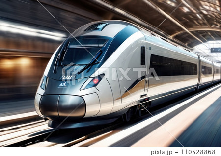 High speed passenger train in motion on the railway station at sunset in a city. Modern intercity train on railway platform with motion blur effect. Urban scene with railroad. Railway transportation. High speed passenger train in motion on the railway station at sunset in a city. Modern intercity train on railway platform with motion blur effect. Urban scene with railroad. Railway transportation. 110528868