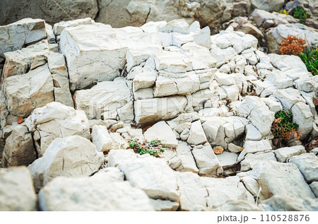 Texture of mountain rock on a sunny day, background. Lines and spots. Antibes, France 110528876