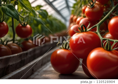 Close up view of Ripe red tomatoes are on the green foliage background, hanging on the vine of a tomato tree in the garden greenhouse. AI Close up view of Ripe red tomatoes are on the green foliage background, hanging on the vine of a tomato tree in the garden greenhouse. AI 110528904