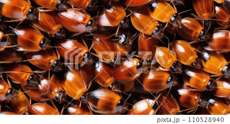 Seamless texture pattern and background of pile of cockroaches. Insectophobia, Blattophobia and blattoptera concept. Blattopterologist, Dictyopterology. AI 110528940