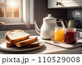 Sliced bread with butter and jam on a plate next to a kettle and jug in bright sunny kitchen, early morning, kitchen table, good start of day. AI 110529008