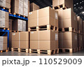Packaging Boxes Wrapped Plastic Stacked on Pallets in Storage Warehouse. Cartons Pallets Supply Chain. Inventory Shelf Storehouse Distribution. Cargo Shipping Supplies Warehouse Logistics.. AI 110529009
