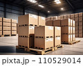Packaging Boxes Wrapped Plastic Stacked on Pallets in Storage Warehouse. Cartons Pallets Supply Chain. Inventory Shelf Storehouse Distribution. Cargo Shipping Supplies Warehouse Logistics.. AI 110529014