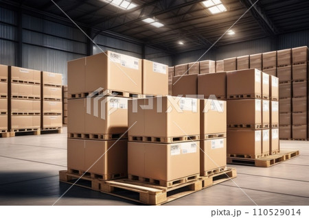 Packaging Boxes Wrapped Plastic Stacked on Pallets in Storage Warehouse. Cartons Pallets Supply Chain. Inventory Shelf Storehouse Distribution. Cargo Shipping Supplies Warehouse Logistics.. AI 110529014