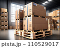 Packaging Boxes Wrapped Plastic Stacked on Pallets in Storage Warehouse. Cartons Pallets Supply Chain. Inventory Shelf Storehouse Distribution. Cargo Shipping Supplies Warehouse Logistics.. AI 110529017