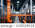 Equipment and piping inside of modern industrial petrochemical power plant for gas or oil industry. Oil refinery plant from industry, pipe line steel close up. AI 110529018