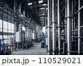 Equipment and piping inside of modern industrial petrochemical power plant for gas or oil industry. Oil refinery plant from industry, pipe line steel close up. AI 110529021