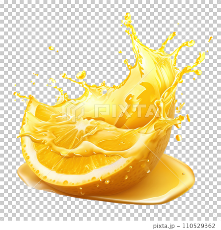 Capturing the dynamic essence of lemon juice splashes against a transparent background, featuring vibrant yellow liquid swirls and refreshing fruit drops, Ai generative 110529362