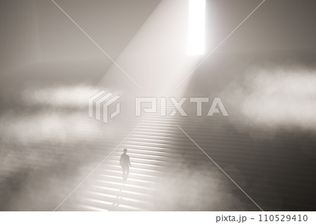 Business concept. A businessman is walking through a haze that is like a crisis. Climb the stairs to an exit with a bright light of hope, 3d render 110529410