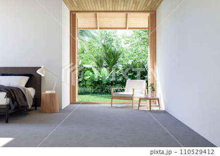 Modern contemporary loft style bedroom with tropical garden view 3d render Modern contemporary loft style bedroom with tropical garden view 3d render 110529412