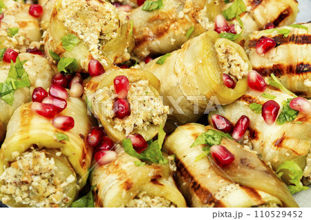 Traditional vegan Badrijani, Georgia food. Traditional vegan Badrijani, Georgia food. 110529452