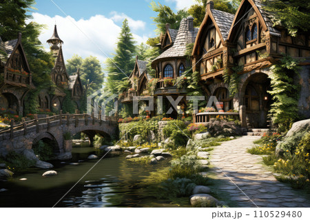 A cozy elven village with empty streets. 110529480