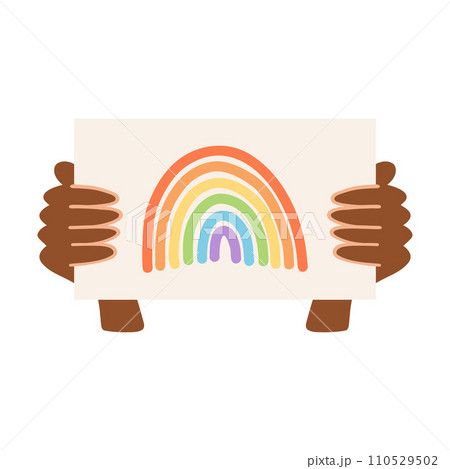 Black hand holding poster with rainbow. Pride month concept, lgbtq movement, people diversity, gender equality 110529502