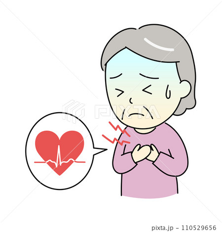 不整脈でつらそうなおばあさんと心電図のイラスト 110529656