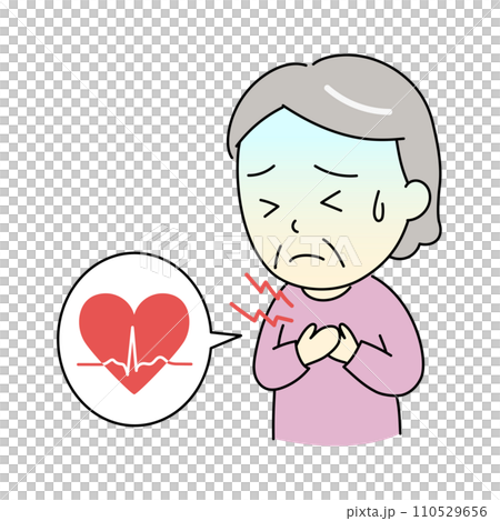 不整脈でつらそうなおばあさんと心電図のイラスト 110529656