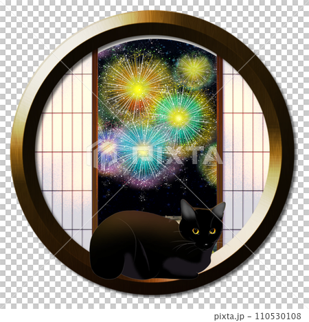 Fireworks and cat visible from round window Fireworks and cat visible from round window 110530108