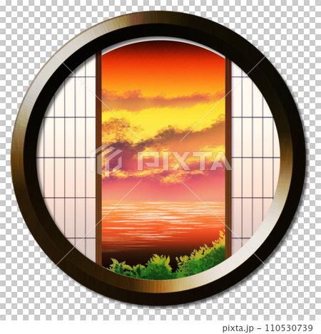 從圓窗看到黃昏時分天空和大海的風景 110530739