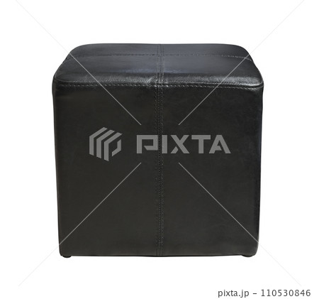 Front view of black leather cube pouf stool 110530846