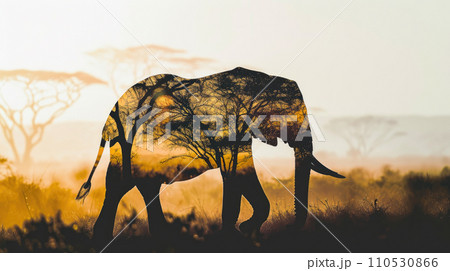 elephant full body side silhouette with double exposure of African savannah silhouette on white background 110530866