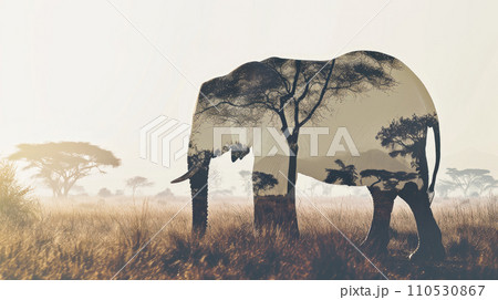 elephant full body side silhouette with double exposure of African savannah silhouette on white background 110530867