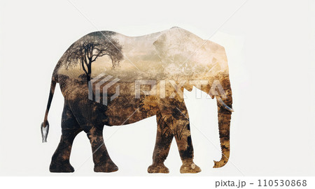elephant full body side silhouette with double exposure of African savannah silhouette on white background 110530868