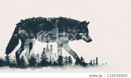 wolf full body silhouette and double exposure of Industrial plant silhouette on background wolf full body silhouette and double exposure of Industrial plant silhouette on background 110530892