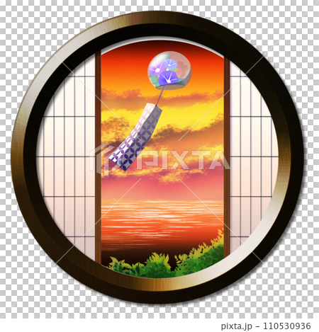 丸窓から見える夕暮れに染まる風鈴のある風景 110530936