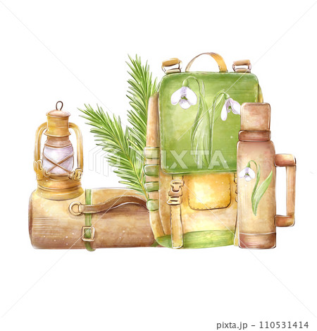 Camping composition watercolor tourist backpack, thermos, camping lantern. For the design of flyers, invitations, decor Camping composition watercolor tourist backpack, thermos, camping lantern. For the design of flyers, invitations, decor 110531414