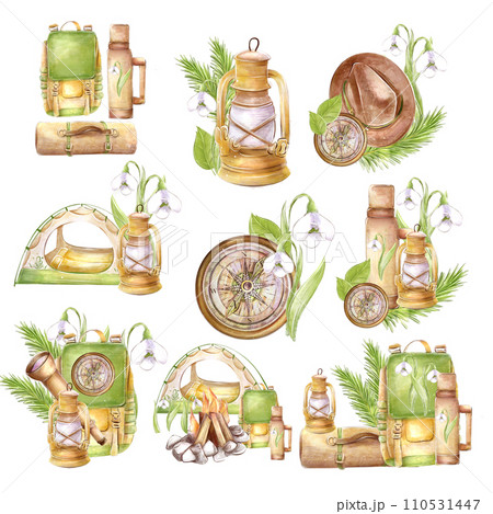 Clipart set of illustrations on the theme of hiking, camping, tourism, travel to the mountains. Watercolor compositions, hand drawing. Backpack, compass, kerosene lamp, campfire, tent 110531447