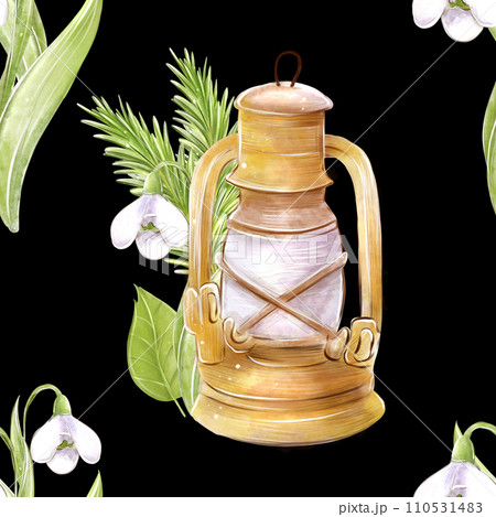 Pattern, seamless watercolor pattern on a black background with a kerosene camping lamp and a snowdrop. Travel, camping, spring. For the design of textiles, scrapbook, cover, paper, creativity Pattern, seamless watercolor pattern on a black background with a kerosene camping lamp and a snowdrop. Travel, camping, spring. For the design of textiles, scrapbook, cover, paper, creativity 110531483