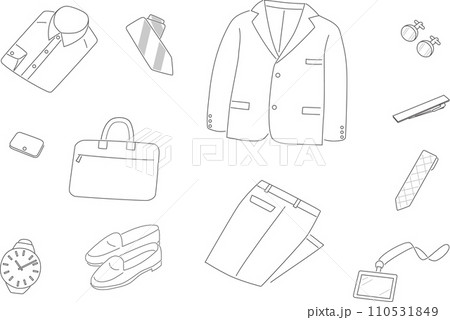 ビジネスウェアと小物のシンプルな線画イラスト 110531849