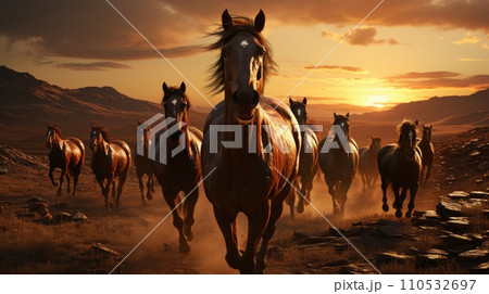 A herd of wild horses rides across the steppe. Generative AI 110532697