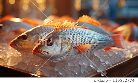 Group of fish served on ice. Generative AI 110532774