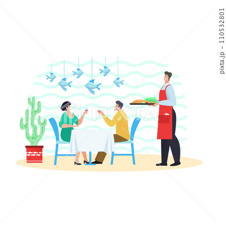 Couple dining in seafood restaurant with waiter serving. Woman in green dress cheers with man in yellow shirt, fishes decoration. Modern dining experience vector illustration 110532801