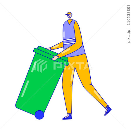 Young man in casual clothes pushing a large green trash bin. Sanitation worker doing his job, recycling, cleanliness drive vector illustration 110532805