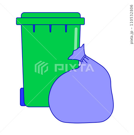 Green trash bin beside a blue garbage bag. Waste disposal and recycling concept vector illustration 110532806