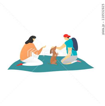 Two women kneeling and playing with a brown dog on a blue rug. Casual attire, one with a backpack, pet interaction, friendly atmosphere. Dog training and leisure time vector illustration 110532825