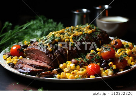 Flank steak served with corn. Generative AI Flank steak served with corn. Generative AI 110532826