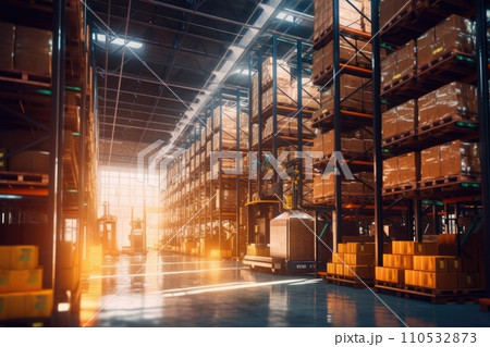 Huge distribution warehouse with high shelves and loaders. Generative AI 110532873