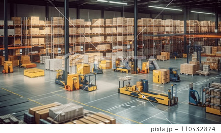 Huge distribution warehouse with high shelves and loaders. Generative AI 110532874