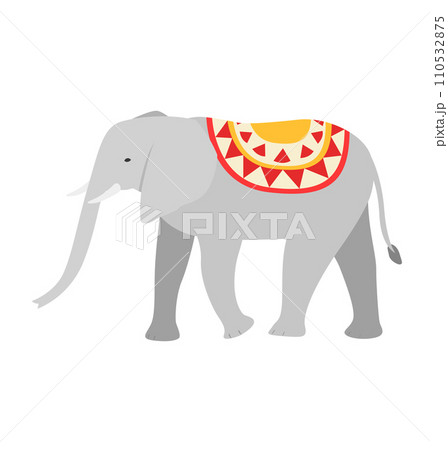 Decorated circus elephant standing side view. Grey elephant with red and yellow blanket vector illustration 110532875