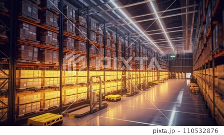 Huge distribution warehouse with high shelves and loaders. Generative AI 110532876